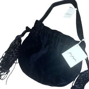 Free People Pouch NWT OS Black Velvet Beaded Tassel Boho Evening Bag
